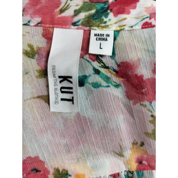 3460) Kut From The Kloth Jasmine Chiffon Semi Sheer Floral Pink Tunic Blouse L - Picture 8 of 9